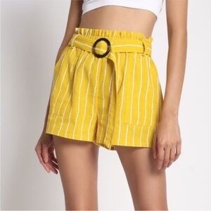 Yellow Striped High Waist Elastic Waist Belted Shorts - Small New